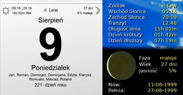 9 Sierpnia 1999 - Poniedziałek. Kartka z Kalendarza