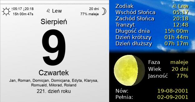 9 Sierpnia 2001 - Czwartek. Kartka z Kalendarza