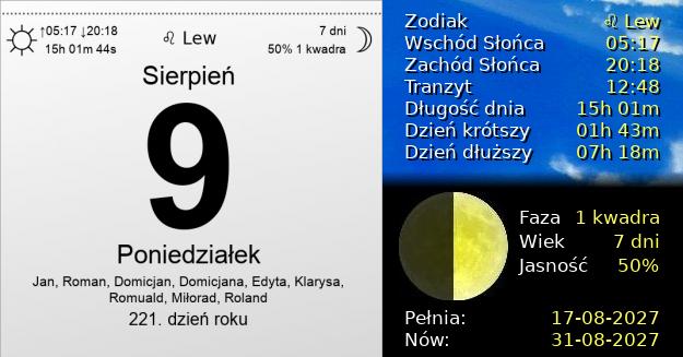 9 Sierpnia 2027 - Poniedziałek. Kartka z Kalendarza