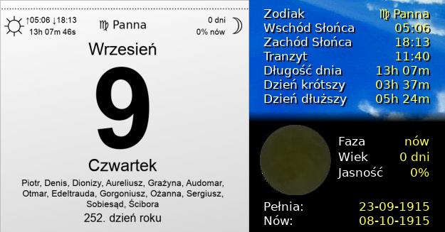 9 Września 1915 - Czwartek. Kartka z Kalendarza