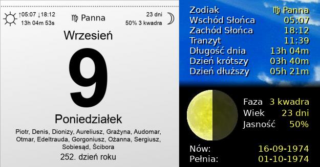 9 Września 1974 - Poniedziałek. Kartka z Kalendarza