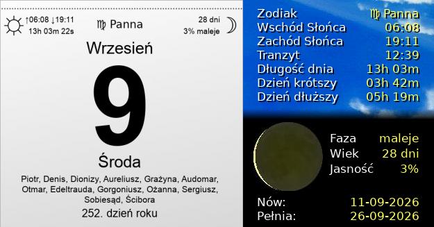 9 Września 2026 - Środa. Kartka z Kalendarza