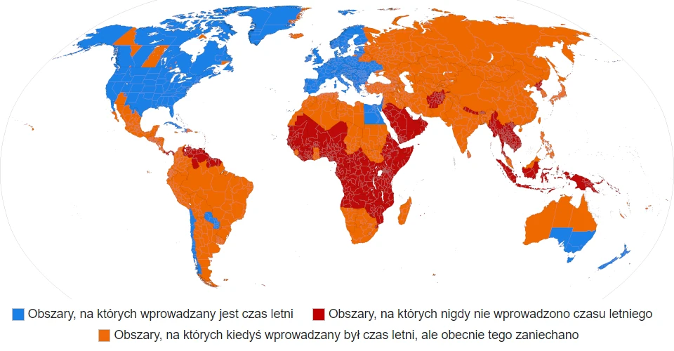 Mapa krajów stosujących zmianę czasu